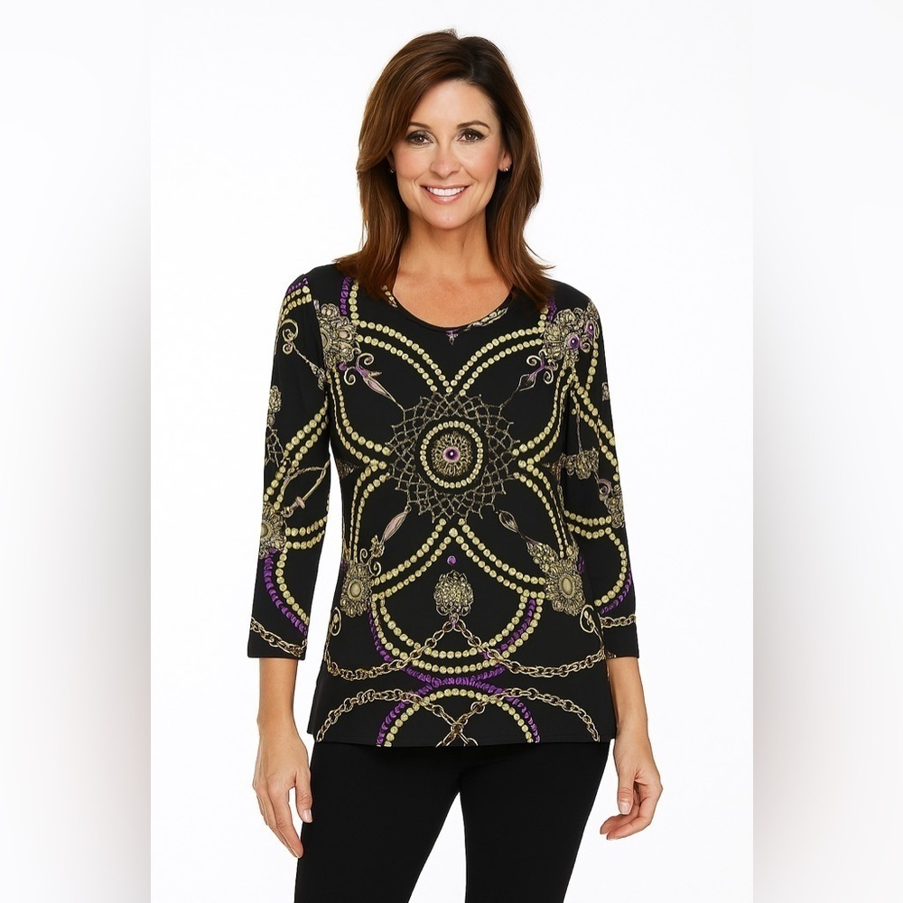 J. McLAUGHLIN Catalina Cloth Signature Tee 3/4 Sleeve Top Chain Jewels Small